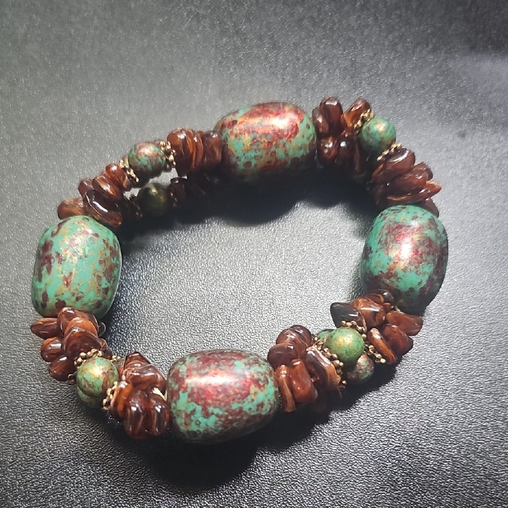 Turquoise and Brown Beaded Stretch Bracelet - Women Jewelry
